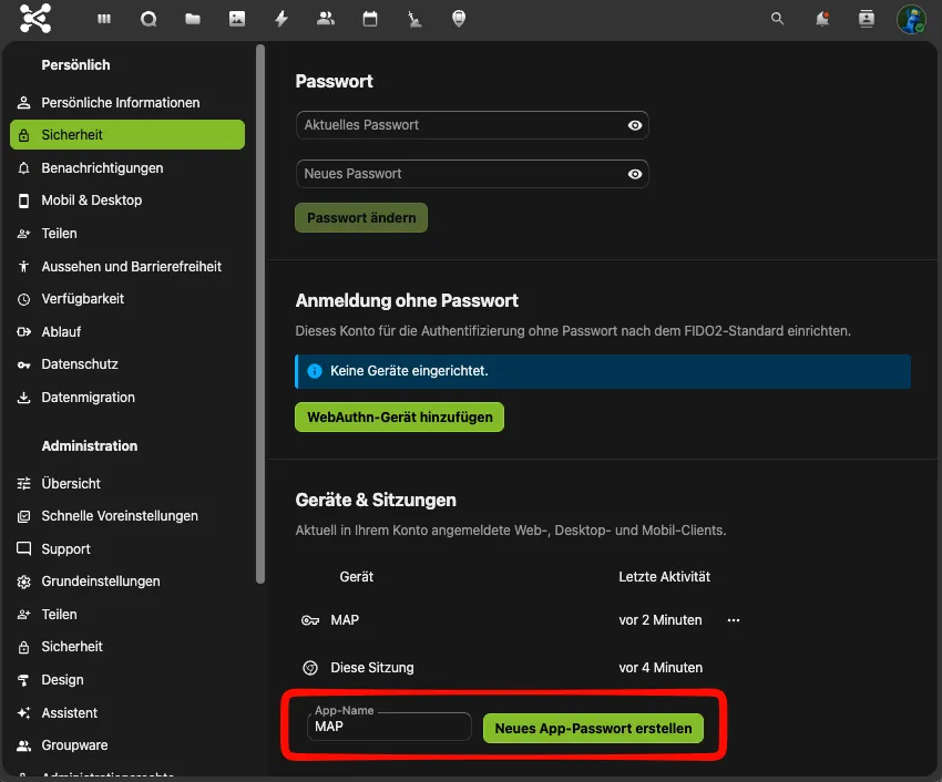 Die NextCloud-Sicherheitseinstellungen mit dem Feld für den App-Namen und dem erzeugten App-Passwort